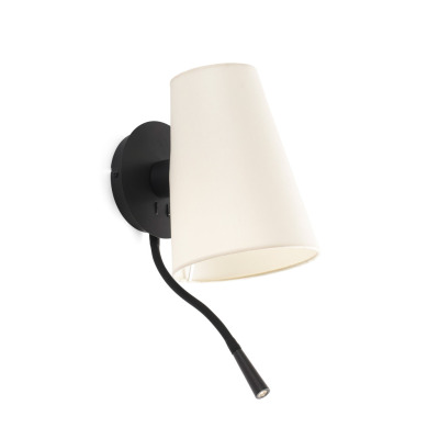 20032-88 Faro LUPE BLACK WALL LAMP WITH READER BEIGE SHADE